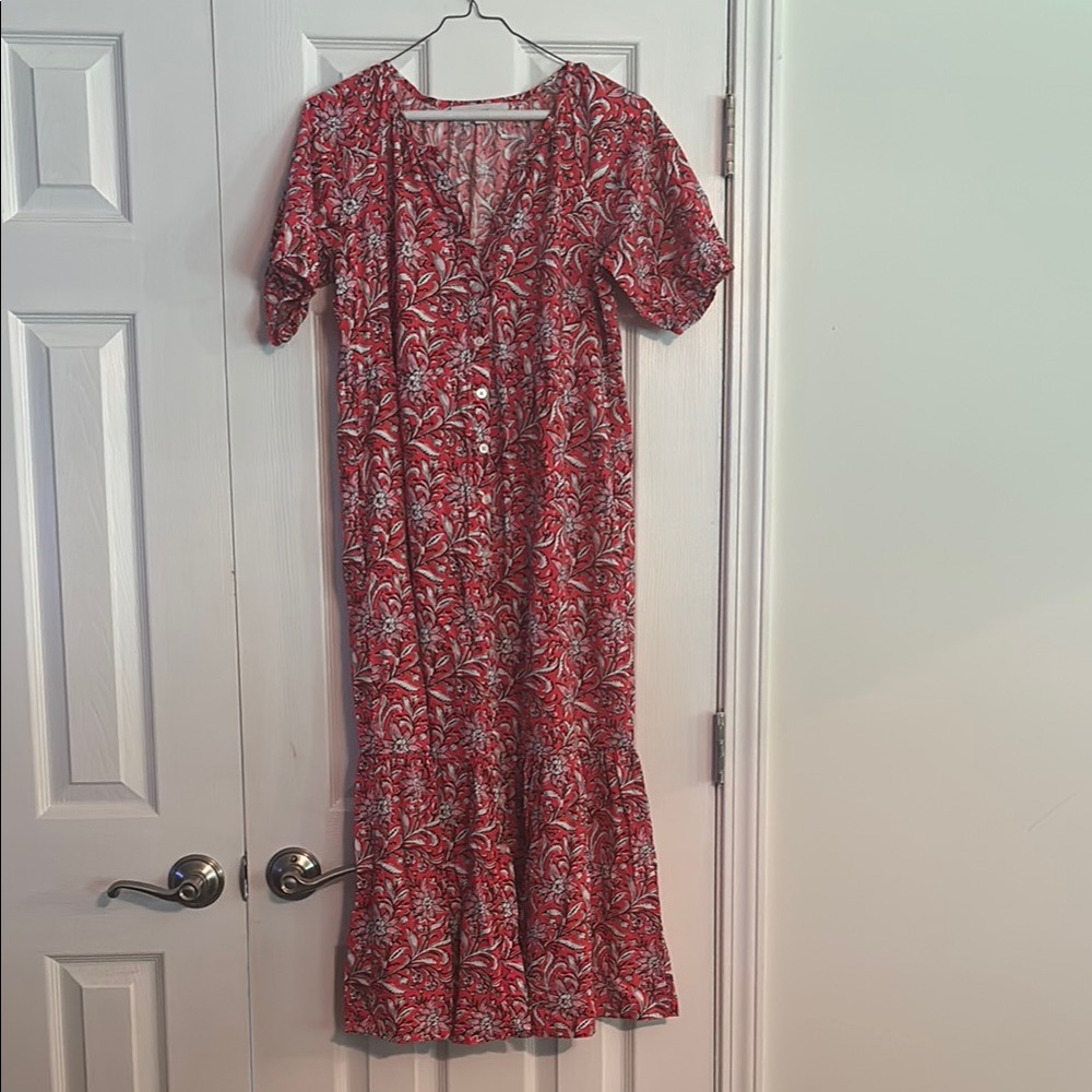 LOFT Red, Pink and White short sleeve maxi dress; size Small